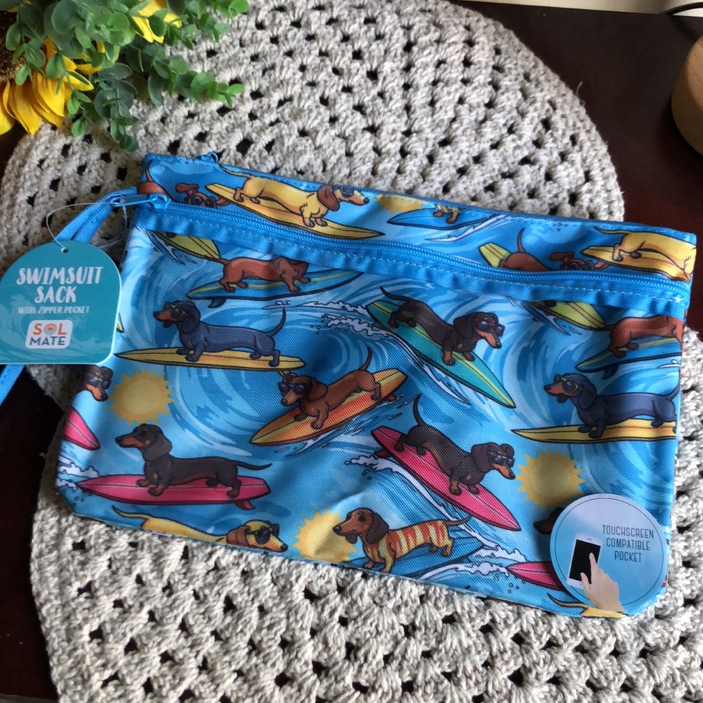 Swimsuit Zip Pouch - Blue Surfing Dachshund Print